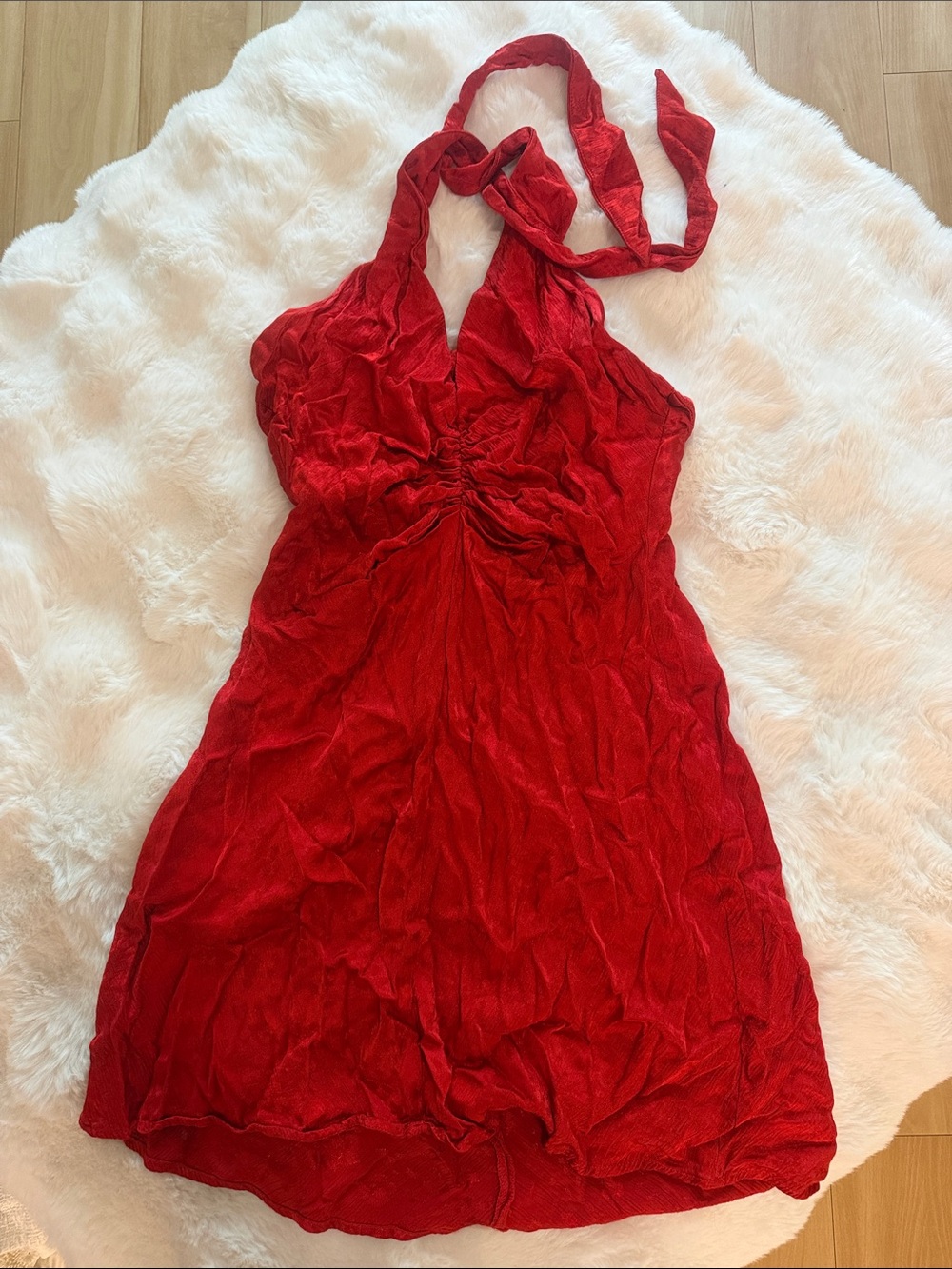 Zara Red Velvet Halter Mini with Twisted Neckline